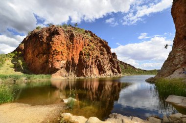 Alice Springs, Nt, Avustralya - 17 Kasım 2017: Kimliği belirsiz kişi Glen Helen Batı Mcdonnell aralığı Milli Parkı içinde yüzme outback Avustralyalılar için tercih edilen yer