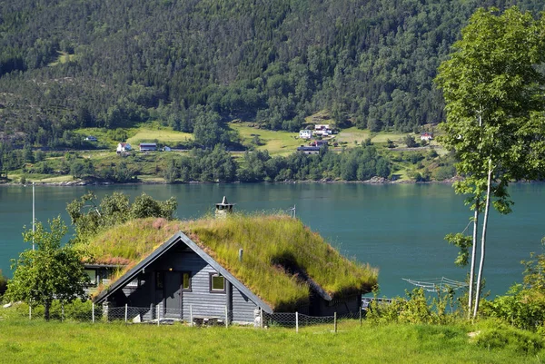 Norvège Maison Avec Toit Herbe Située Sur Lusterfjord — Photo