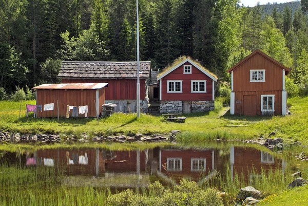 Norvège Maisons Dans Structure Traditionnelle Avec Réflexion Dans Sognefjord — Photo