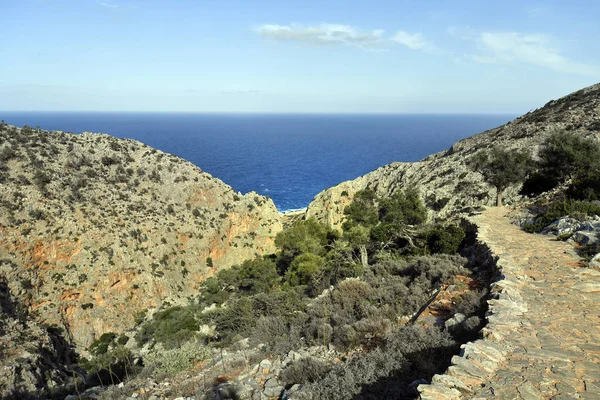 Yunanistan Girit Adası Patika Avlaki Gorge Akdeniz Kumsalda Için Içinde — Stok fotoğraf