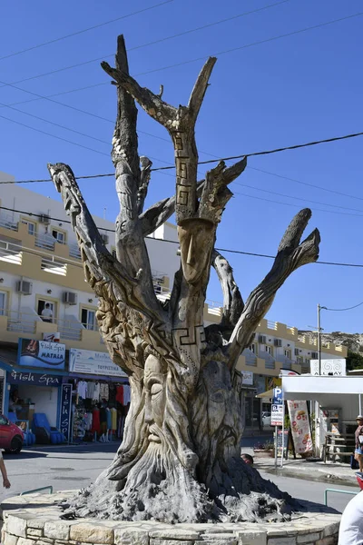 Matala Grécia Outubro 2018 Tronco Árvore Esculpido Fantástico Único Aldeia — Fotografia de Stock