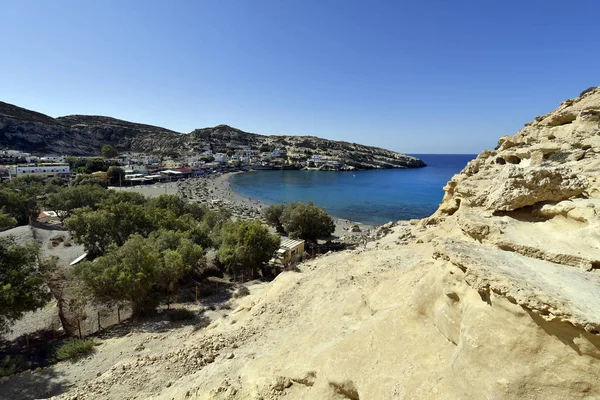 Grekland Kreta Strand Från Matala Kusten Libyska Havet Och Forntida — Stockfoto