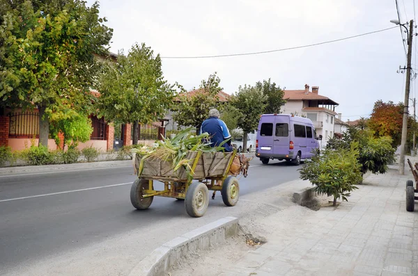 ブルガリア ギリシャの国境の町 Kulata でトウモロコシの収穫を積んだロバ荷車に正体不明の農民 — ストック写真