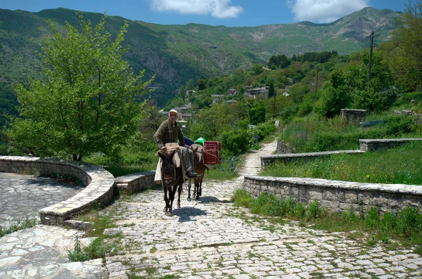Kalarites, Yunanistan - Haziran 06, 2019: Dağ köyünde eşeği olan kimliği belirsiz bir adam, Tzoumerka Ulusal Parkı 'ndaki bir Aromanian namı diğer Ulah köyü, geleneksel ulaşım için kullanılan eşekler, çünkü trafik ve caddeler mümkün değil.