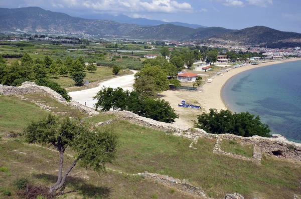 Grekland Stranden Nea Peramos Och Ruiner Befäst Mur Från Medeltida — Stockfoto