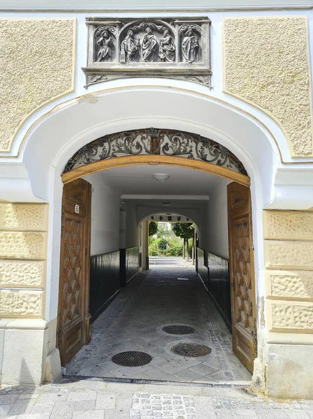 Austria Baden House Entrance Saint Relief — Stock Photo, Image