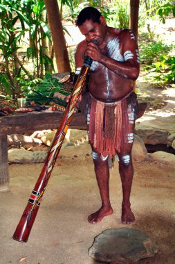 Kuranda, QLD, Avustralya - Mart 01: Geleneksel didgeridoo 'sunu çalan vücut boyasıyla tanımlanamayan aborjin 