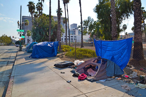 USA, homeless people live in tents on street in the city of Los Angeles, poverty and social shortcomings
