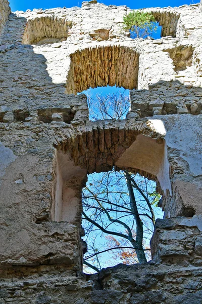 Austria View Autumn Forest Though Window Ruin Castle Johannstein Natural — стоковое фото