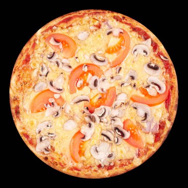 Üst manzara siyah arka planda lezzetli İtalyan pizzası