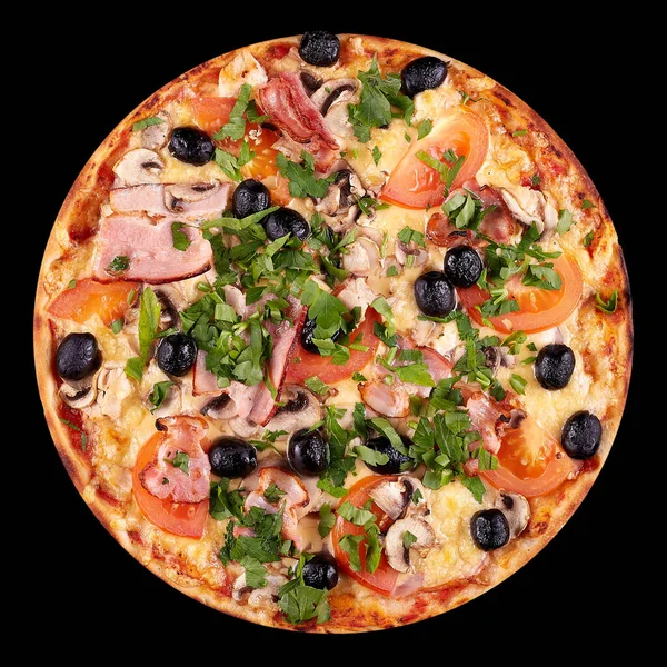 stock image Top view tasty italian pizza on black background