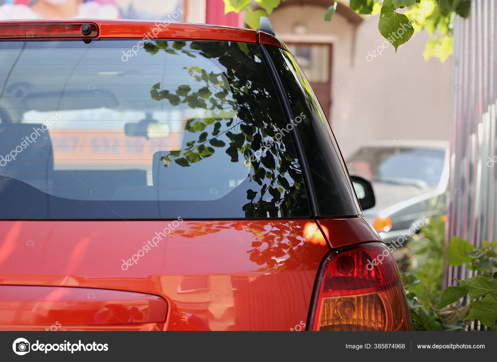 Download Back Window Red Car Parked Street Summer Sunny Day Rear Stock Photo Image By C Foxalexey 385874968