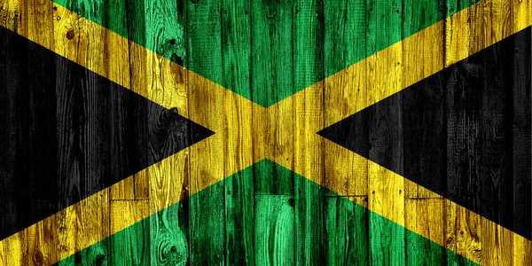 Флаг Ямайки Раскрашен Фоне Громоздкой Деревянной Доски — стоковое фото