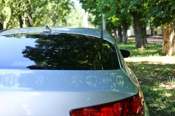 Back window of grey car parked on the street in summer sunny day, rear view. Mock-up for sticker or decals