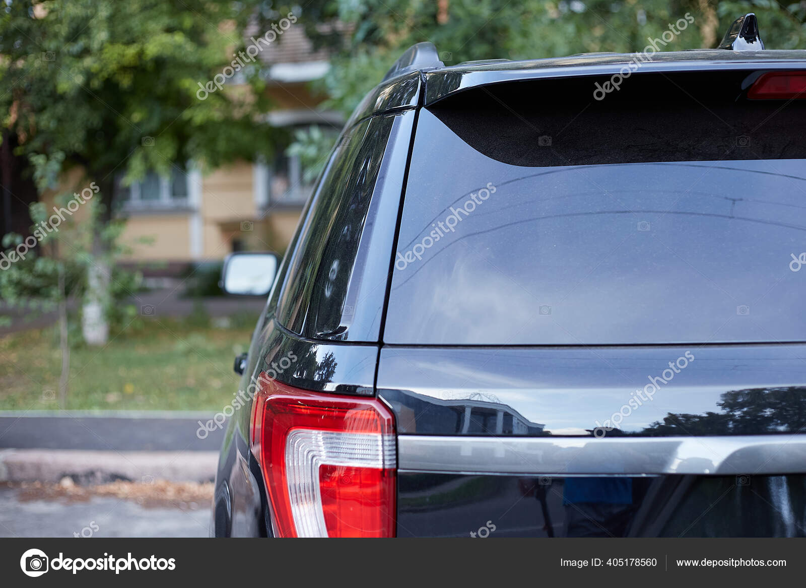 Download Back Window Of Black Car Parked On The Street In Summer Sunny Day Rear View Mock Up For Sticker Or Decals Stock Photo Image By C Foxalexey 405178560