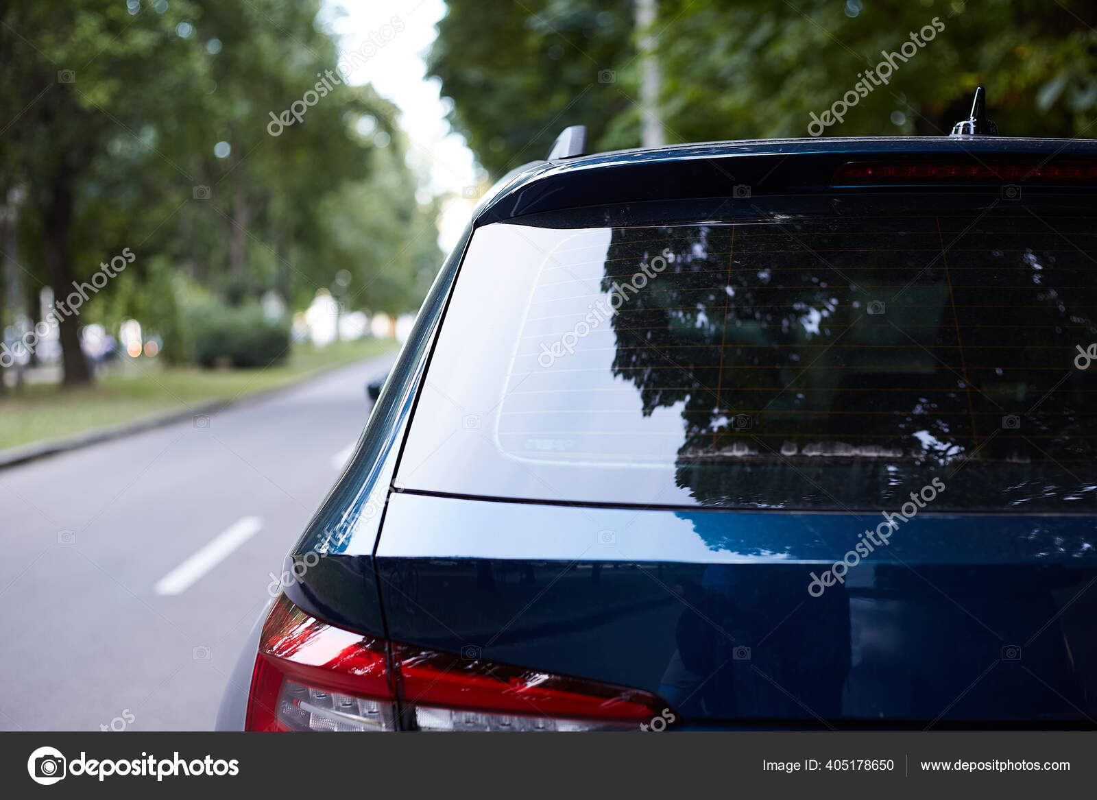 Download Back Window Of Blue Car Parked On The Street In Summer Sunny Day Rear View Mock Up For Sticker Or Decals Stock Photo Image By C Foxalexey 405178650