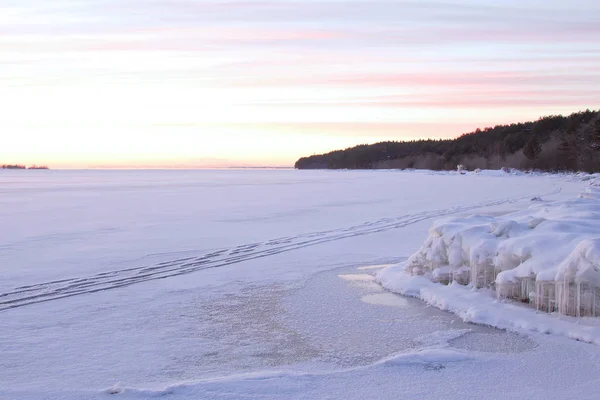 Güzel kış gündoğumu ile pastoral Kuzey çimen. Onega Gölü, Karelya, Rusya Federasyonu 