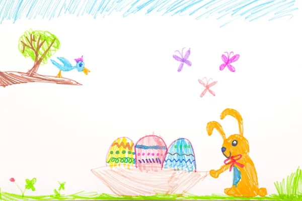 子供はペン描画 幸せなイースターを感じた ウサギとイースターエッグ — ストック写真