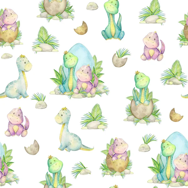 watercolor, seamless pattern. little dinosaur.