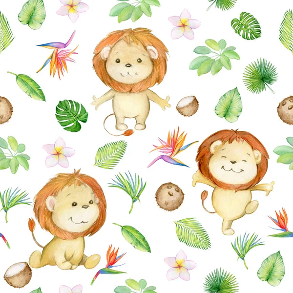 lion is cute. seamless pattern. isolated. watercolor.