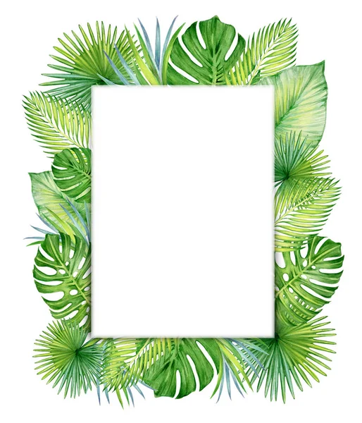 Watercolor tropical frame. Tropical leaves for invitation and greeting cards.