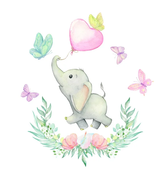 Elephant watercolor drawing. Cute baby elephant is running, surrounded by beautiful butterflies, and tropical plants and flowers. Set on isolated background. For children's cards and invitations.