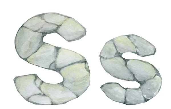 Cartoon stone alphabet drawn by hand. Watercolor illustration, on an isolated background, letters S, stone, texture.