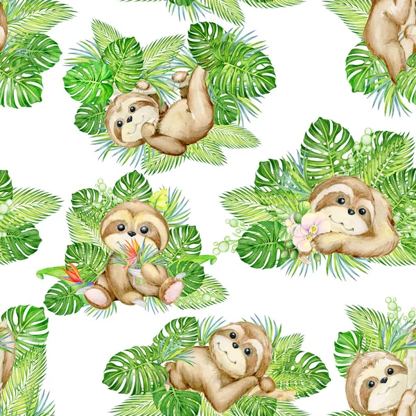 Cute sloths surrounded by tropical leaves and flowers. Watercolor seamless pattern, on an isolated background.