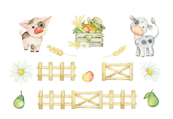 Pig, calf, basket, fruit and vegetables, wooden fence, pears, daisies, wheat. Watercolor set on an isolated background. farm set, in cartoon style.