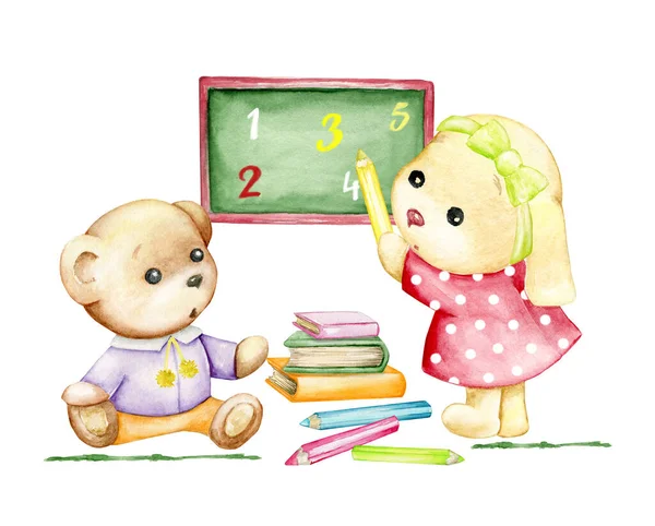 cute Bunny, shows a pencil, numbers, on a green Board. Watercolor concept, on an isolated background, on a school theme. Bunny and bear, cartoon style.