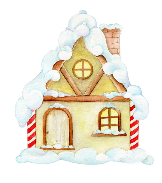 House in the snow, in cartoon style, on an isolated background. Watercolor, clipart, for invitations and postcards, for Christmas and new year.