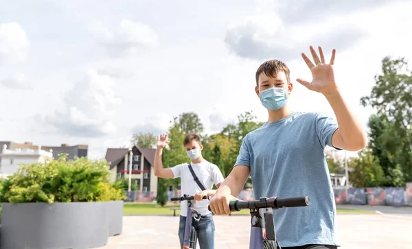 Two Teenagers Meet Park Greet Each Other Contact Hand Gesture — Stock Photo, Image