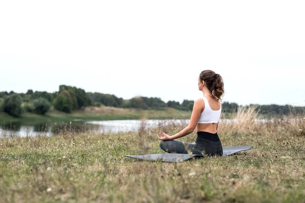 Young sporty woman doing fitness exercises near the river against the background of the forest. Young sporty woman doing fitness exercises near the river against the background of the forest.