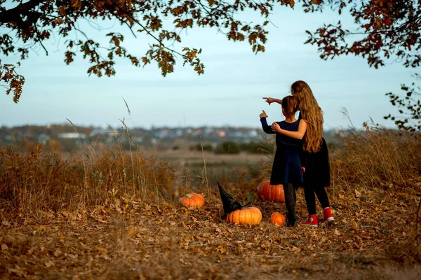 Dos adolescentes preparan calabazas naranjas para Halloween. — Foto de Stock