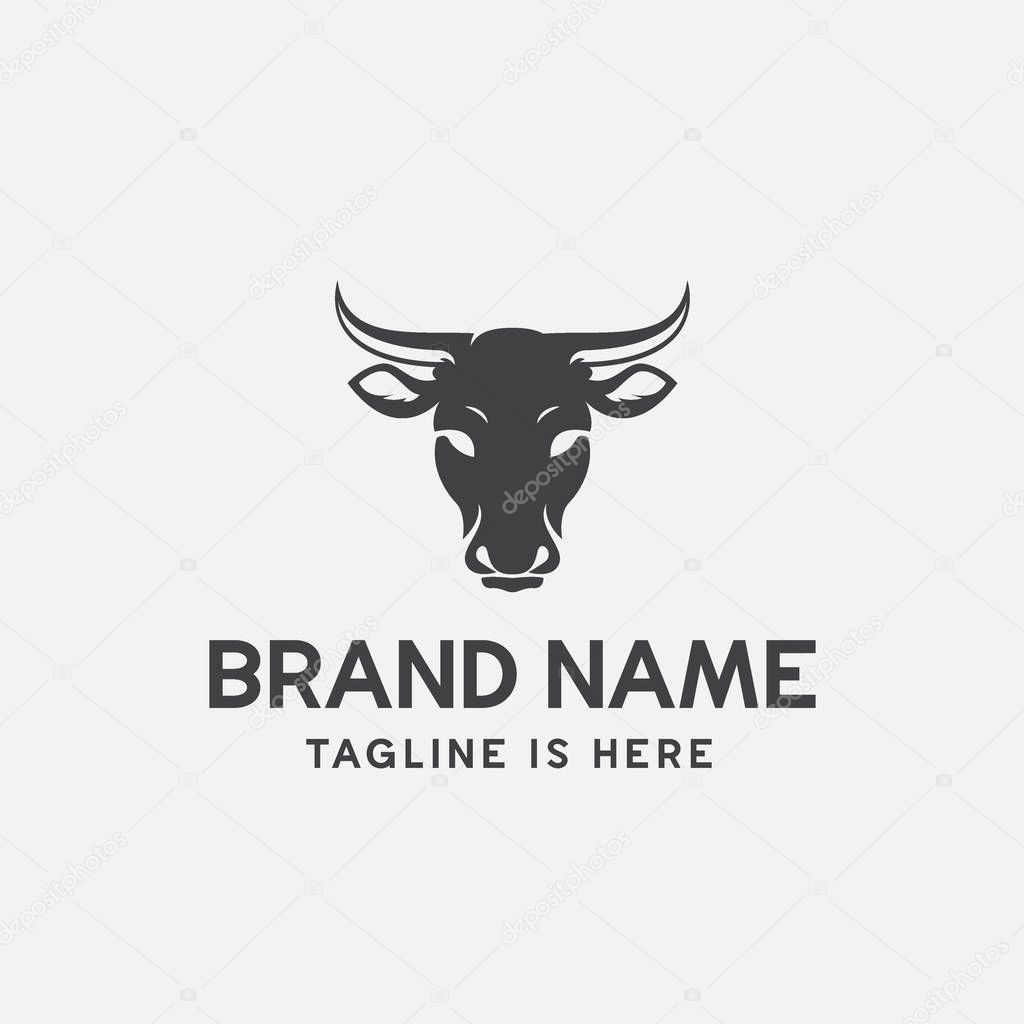 Cow head logo design vector, cow emblem, long horned head illustration, farming logo