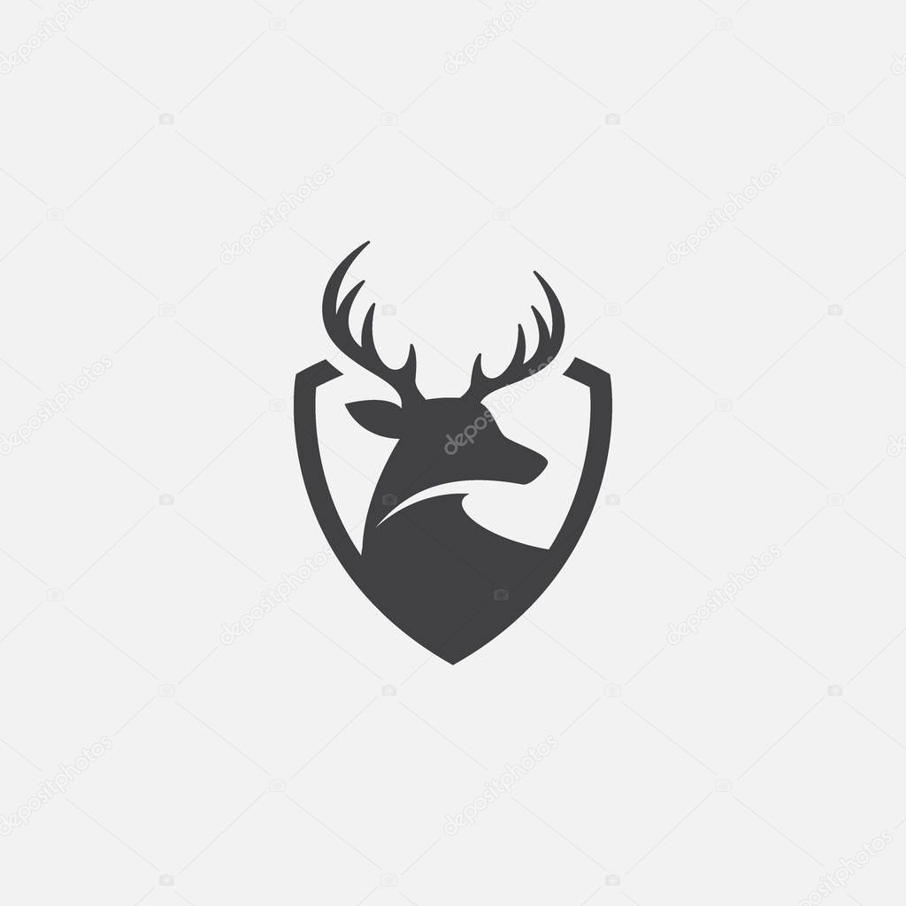 Deer and shield logo design template. deer head logo icon, deer shield icon design illustrtion, impala icon