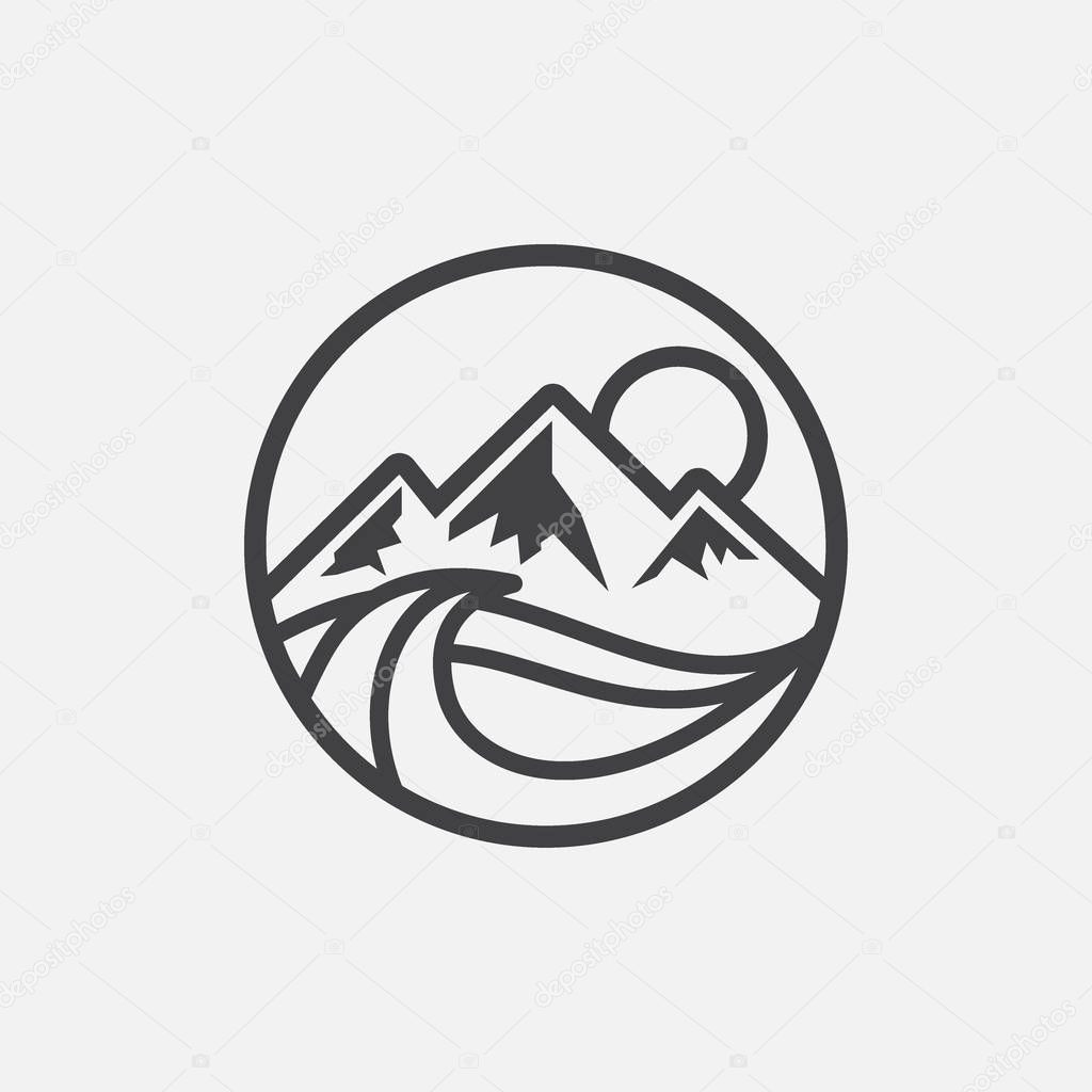 Lake circular logo icon, lake life illustratation, lake linear icon design, mountain icon, water icon