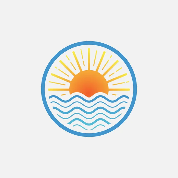 deniz logosu tasarım şablonu, deniz ve wafe dairesel logo çizimi, günbatımı doğrusal logosu, plaj simgesi