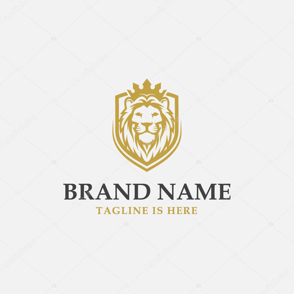 lion shield luxury logo icon, elegant lion shield logo design illustration, lion head with crown logo, lion shield symbol