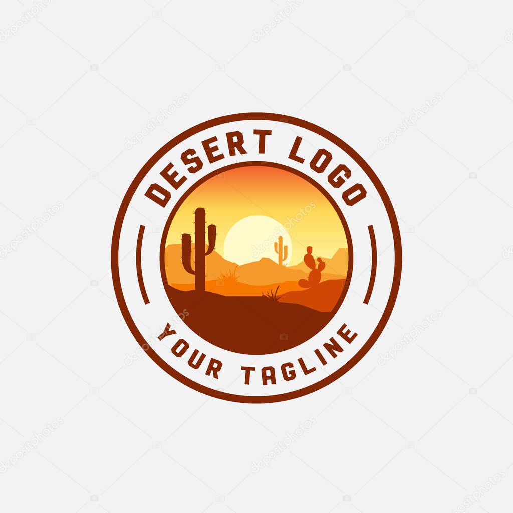 Desert landscape logo with cactus, mountain desert vector template, company logo, logo product label