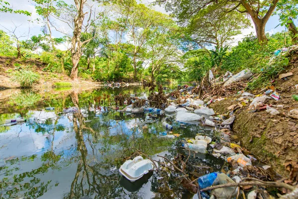 Bancos do Rio Verde com árvores cheias de lixo e lixo no bairro pobre El Café — Fotografia de Stock