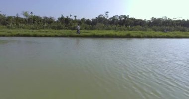 Yapacani, Santa Cruz / Bolivya - 3 Eylül 2017: Balıkçı Balık Göletleri 'ne Tambaqui ve Pacu Balıkları için Dengeli Yiyecek (Serrasalmus) attı