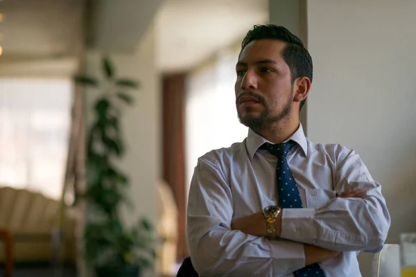 Paz Bolivia February 2018 Young Man Beard Shirt Tie Sitting — Stock Photo, Image