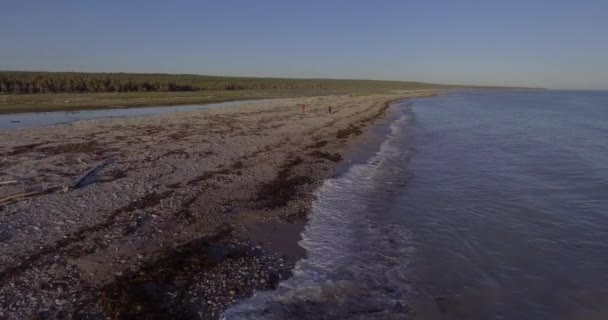 Два Люди Йдуть Біля Берега Річки Галіот Острові Антикості Канада — стокове відео