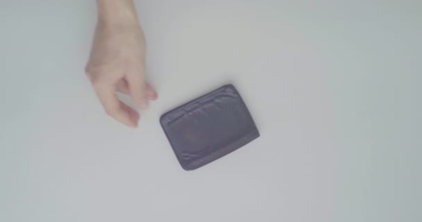 Man Hands Holding Leather Wallet Some Bills White Background Table — Stock Video