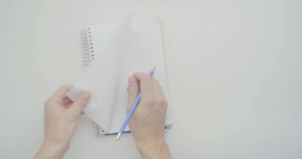 White Man Hands Writing Notebook Pencil White Background Table — Stock Video