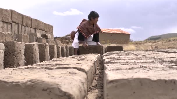 アンゴラ チュキサカ ボリビア2014年11月2日 先住民族の特徴を持つ小さな茶色の少年泥のレンガを拾う — ストック動画