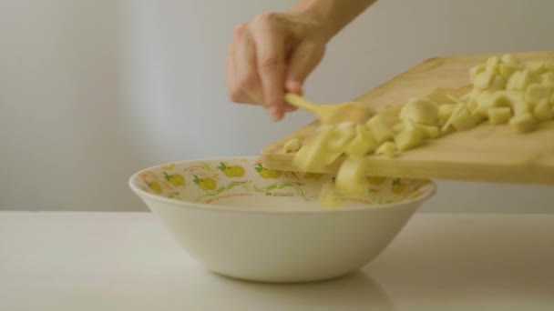Mužská Ruka Míchá Všechny Ceviche Ingredience Misce — Stock video