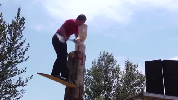 Senneterre Quebec Canada July 2011 Caucasian Man Standing Suspended Wooden — Stock Video