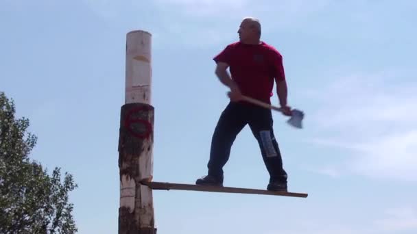 Senneterre Quebec Kanada Juli 2011 Caucasian Man Standing Suspended Wooden — Stok Video